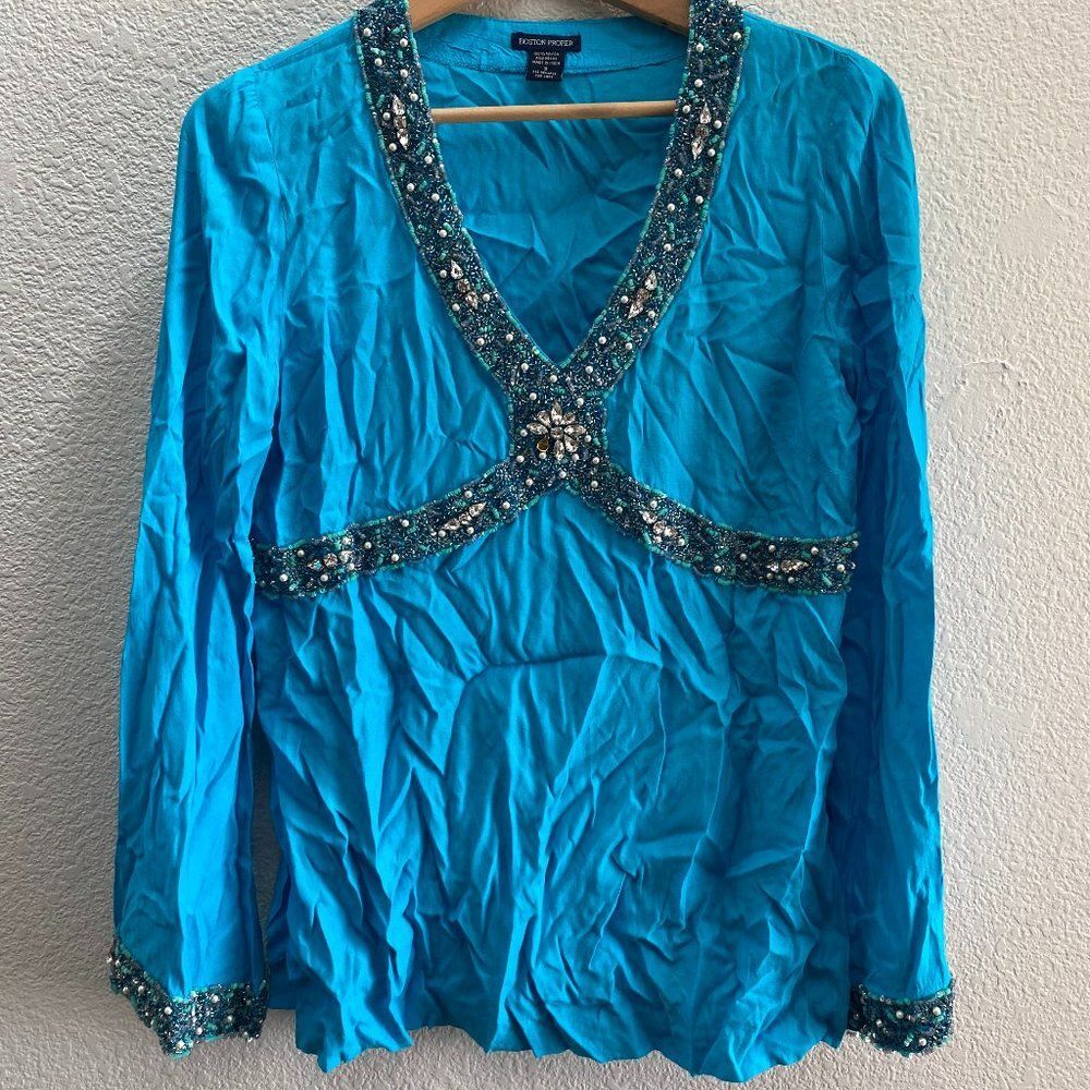 Boston Proper Embroidered Blouse Tunic Shirt Top Blue Rayon Size Small